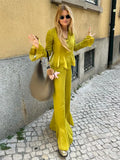 MQTIME  -  Elegant Satin Straight Flared Pants Suit Women Fashion Lapel Long Sleeves Buttons Ruffles Shirt Sets Summer Lady Street Outfits