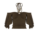  MQTIME  -  American Vintage Solid Beading Halter Short Sleeve All Match Slim-waist Top Female