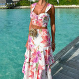 MQTIME  -  Ladies Fashion V Neck Sling Top + Long Skirt Suit 2025 New Vacation Floral Print Two-piece Set Elegant Off Shoulder Party Outfit