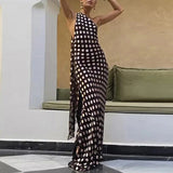 MQTIME  -  New Polka Dot Print Backless Evening Dress Women Elegant Halter Hollow High Waist Long Dress Fashion Sleeveless Slim Robe Dress