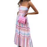 MQTIME  -  Summer New Fashion Temperament Mid Long Women Striped Camisole Dress Simple Square Neck Female Casual Long Dresses