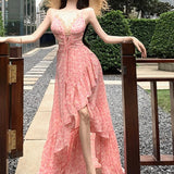 MQTIME  -  Chic Backless Maxi Dresses Women Print Sexy V Neck Suspender Irregular Ruffles Vestidos Beach Vacation Elegant Dresses