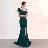 MQTIME  -  Women One Shoulder Evening Dress Solid Color Summer Ruffles Maxi Dresses Sexy Slash Neck Party Long Dress Elegant Streetwear