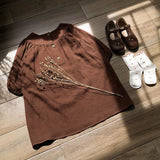  MQTIME  -  French Round Neck Pleated Cotton Crepe Muslin Dress Girls Autumn New Casual Loose Retro Brown Children's Dresses
