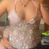 MQTIME  -  Summer Sexy Sequin Embroidery Glitter Tops Women V Neck See Through Sleeveless Backless Tops Female Lady Solid Party Streetwears