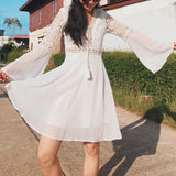 MQTIME  -  White Long Sleeve Ruffle Dress Sexy Vintage Boho Aesthetic Casual Vacation Beach Dresses Splice Chiffon Slim Mini Dress