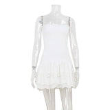  MQTIME  -  Women Summer Strapless Slim Fit Casual Mini Short Dresses Embroidery Hollow Out Ruffles Hem Cute Streetwear Dress