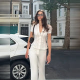 MQTIME  -  Romantic Ruffled Puff Sleeve Blouse Stand Collar V-neck Button Slim Fit Women Tops Chic Stylish Trendy Retro Y2k Streetwear