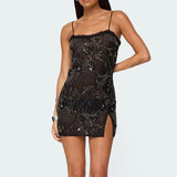 MQTIME  -  Women Summer Flower Sequins Embroidery Ruffles Square Neck Sleeveless Bodycon High Split Short Cami Dress with Scarf