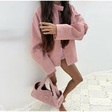 MQTIME  -  Pink Stand Collar Suede Bomber Jacket Women's Long Sleeve Pocket Zipper Coats 2025 Autumn New Lady Casual Motorcycle Outerwear