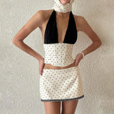 MQTIME  -  Summer Fashion White Patchwork Deep V-wave Dot Top Irregular High Waisted Skirt Set Women's Clothing
