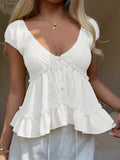 MQTIME  -  Women Summer Vacation Cute Elegant Yellow Frill Ruffle Trim Single Breasted Shirt Blouse Top Ladies Beach Holiday Daily Wear