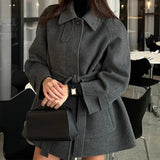 MQTIME  -  Korean Version of Elegant Temperament, Solid Color Lapel Lace-up Woolen Jacket Women's 2025 Fall/winter New Wholesale