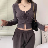 Mqtime Sweet Fashion Knitted Sweater Women Spring Fall Long Sleeve Lace Up Crop Top Korean Style Elegant Slim Pullover Tops Y2k Clothes