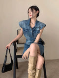 MQTIME  -  The Newest Fashion Wear Take Fashion Women Vintage Polo-neck Sleeveless Denim Blue Dress Party Cocktail Short Mini Dress