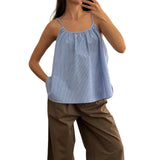 MQTIME  -  Women s Sleeveless Striped Print Spaghetti Strap Scoop Neck Loose Tank Top Casual Streetwear Fashion Summer Wear