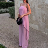 MQTIME  -  Sexy Strapless Hem Top & Long Pants Summer Outfit Casual Loose Thin Holiday Suits Irregular Chiffon Women's Two Piece Set
