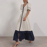 MQTIME  -  New Linen Contrast Cardigan Dress Design Sense Ruffle Sleeve Temperament Waist Slit Long Skirt