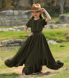MQTIME  -  Bohemian Style Summer New Solid Color Backless Short Sleeved Ruffled Irregular Skirt Hem Fashionable and Atmospheric Dress