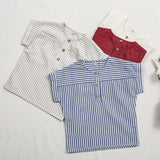  MQTIME  -  Children's Cotton Linen Striped Short-Sleeved T-Shirt Summer New Boys And Girls Round Neck Buttons Daily Casual Tops