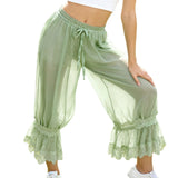 MQTIME  -  Women Ruffle Long Bloomers Y2K Sheer Ruffle Lace Patchwork Drawstring Pettipants Cropped Flare Slips Pants Streetwear