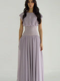 MQTIME  -  Mesh Pleated Dress Elastic Waist Cinching Round Neck Short Sleeved Diagonal Waistline Slimming Gauze Long Dresses Purple Robes