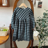  MQTIME  -  Retro Cotton And Linen Long-Sleeved Plaid Dress Girls 2026 Spring New Chic Back Lace-up Loose Pleated Children's Dresses