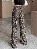 MQTIME  -   Leopard Print Wide Leg Pants For Women'S Summer Thin Ice Silk High Waisted Draped Loose Straight Casual Floor Mop Pants