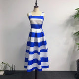 MQTIME  -  Summer Fashion Retro Satin Dress Sleeveless Suspenders Striped A-line Mid Skirt Pleated Cocktail Striped Dress Party Long