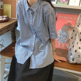 MQTIME   -  women summer casual plaid short sleeve blouse female oversize Japanese sweet botton shirts lady