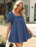 MQTIME  -  Summer New Fashion Square Neck Women Bubble Sleeve Dress Simple Strap Up Elegant Female Denim Short Dresses