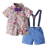 MQTIME  -  Boy's Summer Suit Printed Flower Short-sleeved Shirt and Strap Shorts with Bow Tie Pure Cotton 2-8 Years-old Boy 70-130cm
