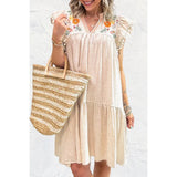 MQTIME  -  Cotton Boho Dress V Neck Petal Sleeve Embroidery Hippie Midi Dress Holiday Style Loose Fit Vestidos Ethnic Dresses
