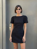  MQTIME  -  Women Vintage Black Short Puff Sleeve Dress Slim A-Line Mini Dress Fashion Summer Casual Basics Office Lady Chic Dresses
