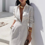  MQTIME  -  New Women's Clothing Style Elegant Lapel Long Sleeved Shirt High Waist Slimming Half Skirt Two-piece Set
