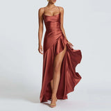 MQTIME  -  Luxury Irregular Solid Prom Gown Temperament High Waist Sleeveless Satin Dress Sexy Off Shoulder Slim Halter Long Robes