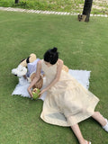 MQTIME  -  Casual Women's Pleated Cake Sundress Summer Vacation New Beige Sleeveless Temperament Elegant Round Neck Fashion Vest Dresses