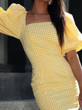 MQTIME  -  Summer Square Collar Evening Dress Elegant Lady Slim Wrap Hips Dress 2025 New Fashion Checkered Printed Puff Sleeve Short Dress