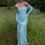MQTIME  -  Female Backless Hollow Mesh Maxi Dress Spring Summer Holiday Boho Long Dress Women Sexy Off Shoulder Solid Pleated Evening Dress
