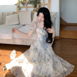 MQTIME  -  Women Ruffles Casual Korean Fairy Dress Female Summer Lace-up Vacation Party Dress Elegant Vintage Floral Midi Dress