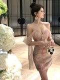 MQTIME  -  New Printed Dress Short Length For Women Elegant French Style Handmade Rhinestone Strapless Slimming Bodycon Skirt