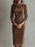 MQTIME  -  Fashion O-neck Draped Velvet Midi Dress Women's Casual Long Sleeve Solid Party Dress Elegant Lace Splicing Waist Wrap Hip Dress