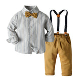 MQTIME  -  Autumn Boy Outfit Striped Long Sleeve Shirt with Solid Pants Strap Set Children 1 2 3 4 5 6 7Y Kid Birthday Costume Clothes Suit