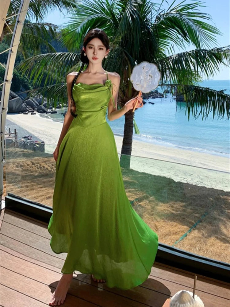 MQTIME - Summer Green Sleeveless Slip Sexy Club Vacation Elegant Pleat mqtime MQTIME - Summer Green Sleeveless Slip Sexy Club Vacation Elegant Pleat mqtime