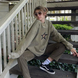 MQTIME  -  American retro style gray green star loose individuality versatile street round neck sweatshirt new autumn and winter