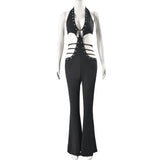 MQTIME  - Y2K Rivets Bandage Halter Flare Jumpsuits Women Summer Sexy Deep V-neck Hollow Out Sleeveless Backless Slim Streetwear Rompers