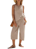 MQTIME  -  Sleeveless Printed Striped T-shirt Women 7 Point Pants Suit Fashion Pocket Top Elastic Waist Tie Loose Wide Leg Pants 2piece Set