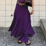  MQTIME  -  Women's Elegant Purple Low Waisted Maxi Skirt Flowy A-Line Flared Long Skirt with Elastic Waist Casual Summer Beach Dressy Skirt