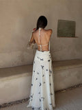  MQTIME  -  Elegant Elegant Butterfly Print  Sleeveless Long Dress Women Halter Backless Lace Up Slim A-line Dresses New Lady Party Robes