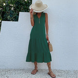 MQTIME  -  Solid Color Straight Tank Dress Sleeveless Holiday Viscose Maxi Dress Button Up V Neck Boho Dress Vacation Robes